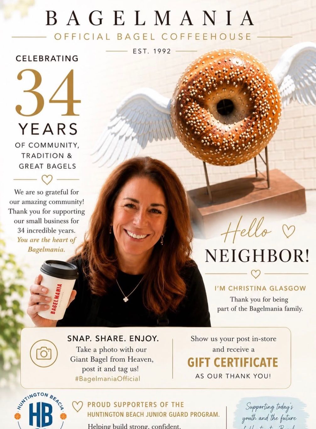 A Bagelmania anniversary flyer featuring founder Christina and the family behind the shop